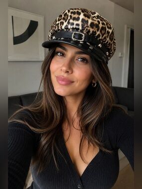 Leopard Print Faux Leather Newsboy Cap with Studded Black Brim